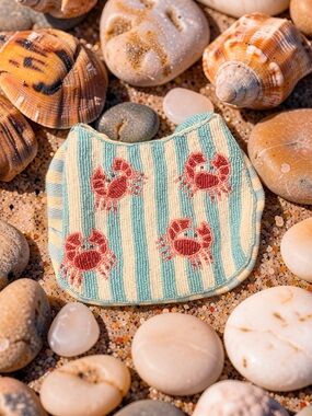 Striped Crab Beaded purse - Blue & Cream